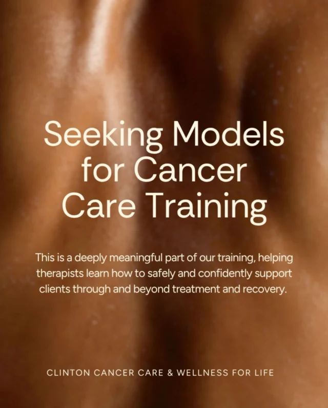 We are currently looking for individuals who have experienced cancer treatment, either past or present, to take part as models in our upcoming Cancer Care Training sessions with Christine Clinton Cancer Care & Wellness for Life.

This is a deeply meaningful part of our training, helping therapists learn how to safely and confidently support clients through and beyond treatment and recovery.
Participants will receive a gentle treatment during the session, carried out by internationally recognised professionals in cancer care and wellness education.
For many, it is also an opportunity to share part of their story, support the future of compassionate cancer care and help shape the way therapists care for others moving forward.

Sessions will take place on Thursday:
*10:30am - 12:30pm
*2:00pm - 4:00pm

We are looking for two participants per session.
If you, or someone you know, may be interested in taking part, we would love to hear from you. Please contact us directly for more information.

Together, we continue building safer, more compassionate wellness spaces for those affected by cancer. For enquires, email christine.clinton4@gmail.com or send us a DM